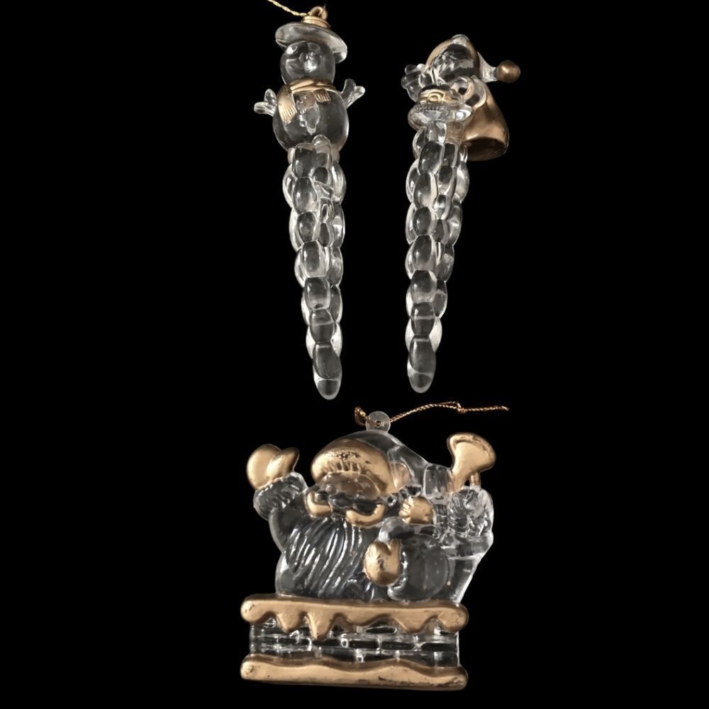 3 Vtg Clear Acrylic Christmas Ornaments Gold Tone Trim Santa Snowman Icicles